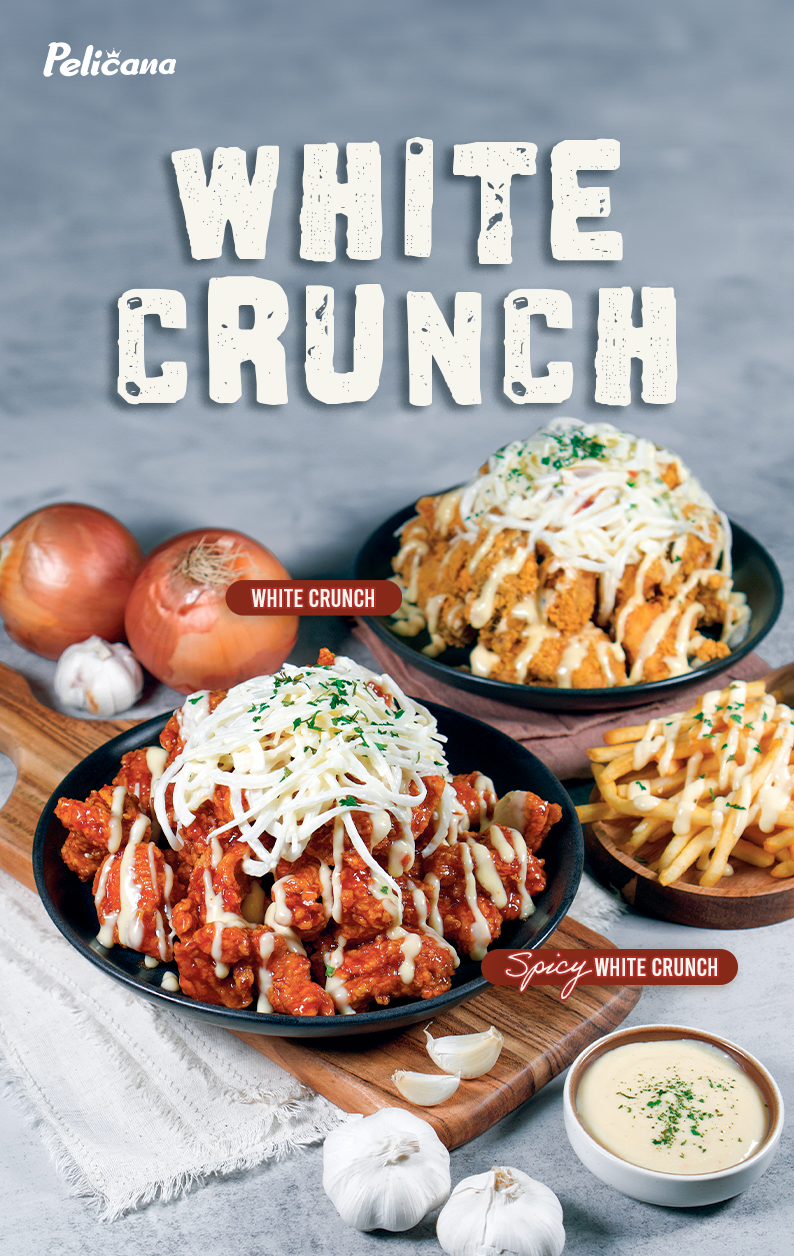 white crunch or spicy white crunch. with white onions and white garlic sauce on top of hot spicy sauced chicken or plain.